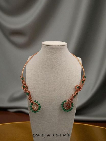 Handmade Copper Choker Necklace with Green Crystal Beads