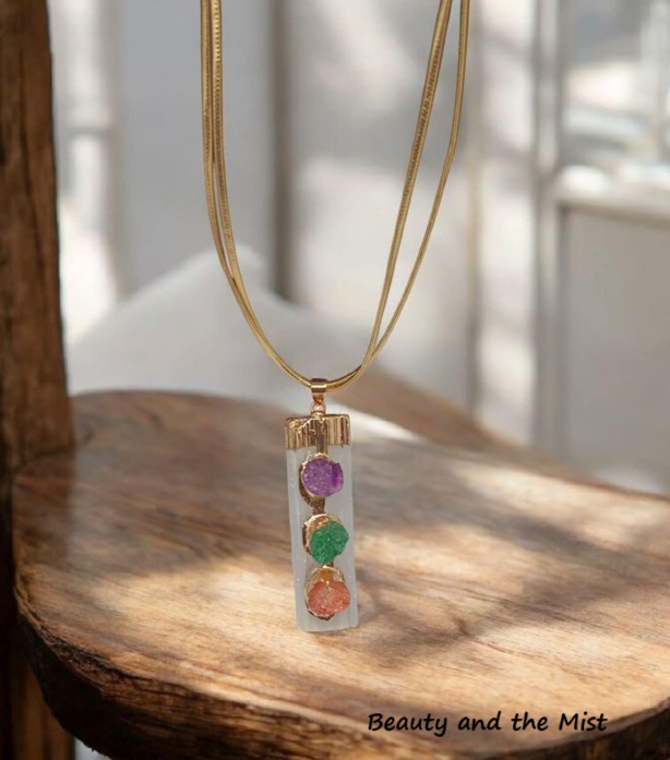 Handmade Necklace With Selenite Pendant And Semi-Precious Stones