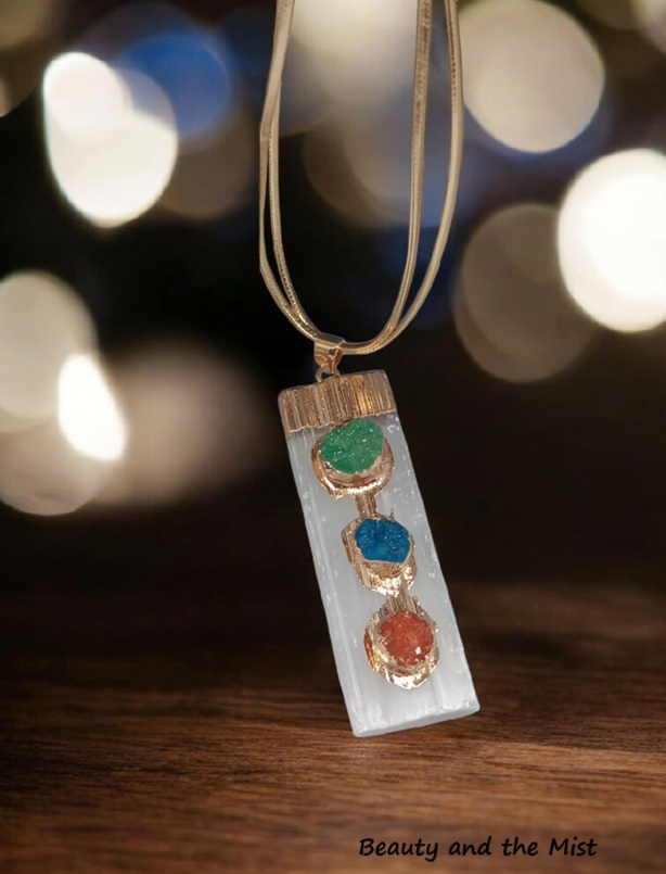 Handmade Necklace With Selenite Pendant And Semi-Precious Stones